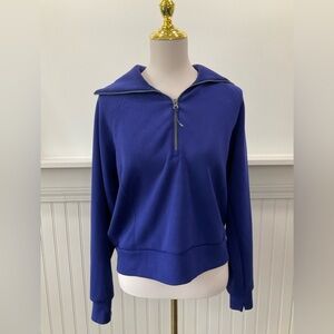 Spanx Quarter Zip Pullover Sweatshirt Blue Cropped Stretch Size Medium